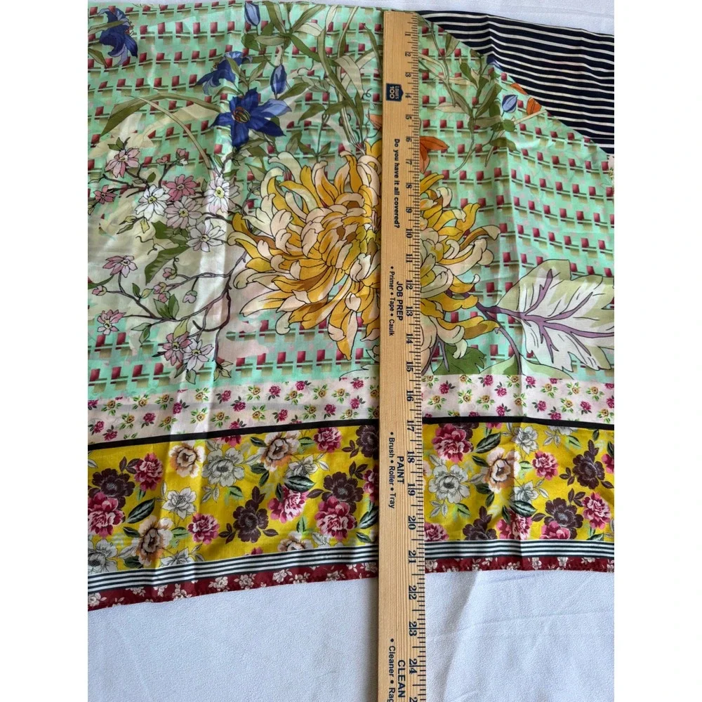 Johnny Was Silk Scarf Floral Mixed Print Tassel Boho Yellow Green 42x42